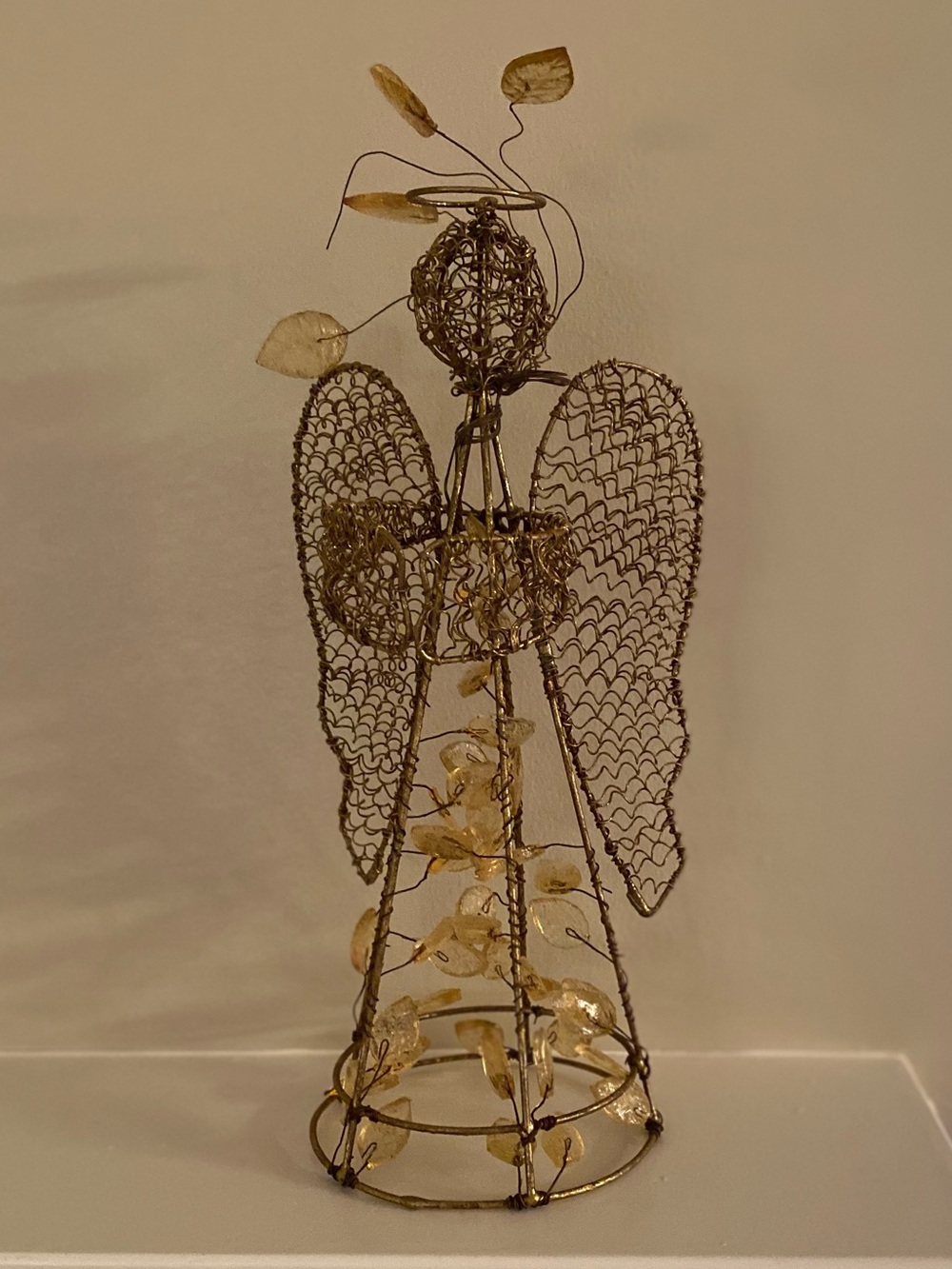 Angel • Gold Colored Metal • Mesh Wings •  Clear Gold Leaf Shapes Adorn Angel